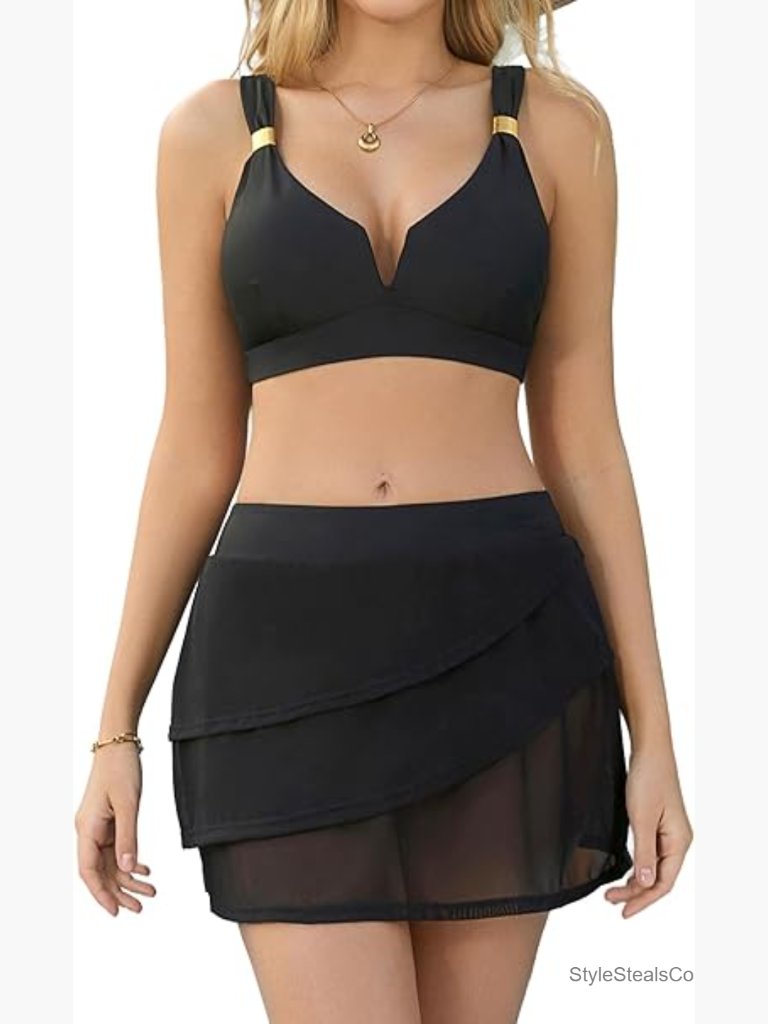 High Waisted Bikini Set With Mesh Swim Skirt Tummy Control Push Up